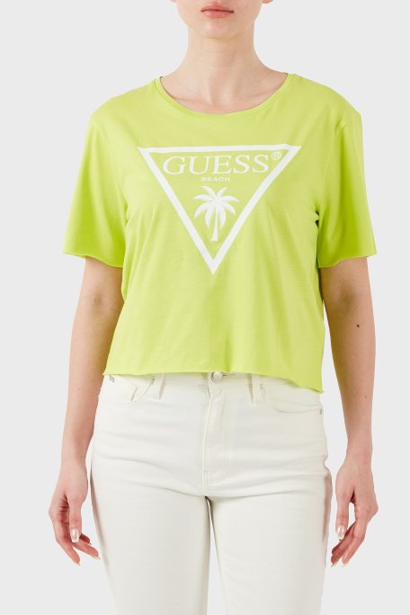 Guess Ss Cn Logo Pamuklu ped Fit T Shirt E02I01JA914 Bayan Crop E02I01 JA914 G8BU FISTIK YEŞİL - Guess