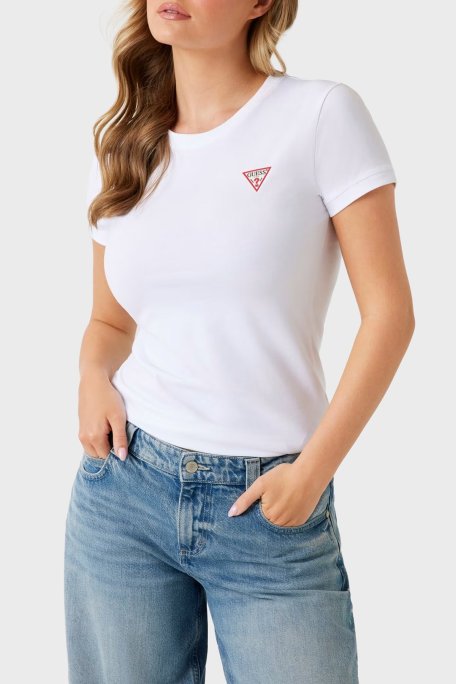 Guess Ss Cn Mini Triangle Streç Pamuklu Slim Fit Bisiklet Yaka W2YI44J1314 Bayan T Shirt W2YI44 J1314 G011 BEYAZ - Guess