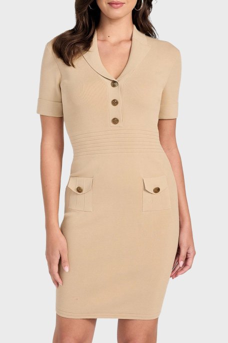 Guess Ss Felicity Slim Fit Mono Yaka Düğme Detaylı Mini W5YK29Z0130 Bayan Elbise W5YK29 Z0130 G1L7 BEJ - Guess