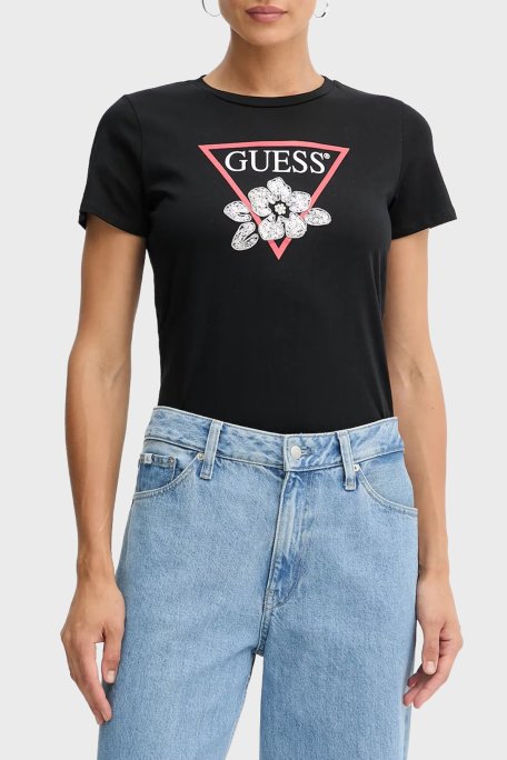 Guess Ss Flower Pamuklu Regular Fit Bisiklet Yaka Logolu W5YI38I3Z14 Bayan T Shirt W5YI38 I3Z14 JBLK SİYAH - Guess