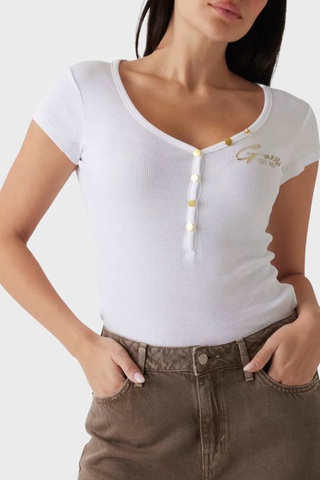 Guess Ss Henley Logolu % 100 Pamuk Slim Fit Düğmeli V Yaka Top W4RP47K1814 Bayan T Shirt W4RP47 K1814 G011 BEYAZ - Guess