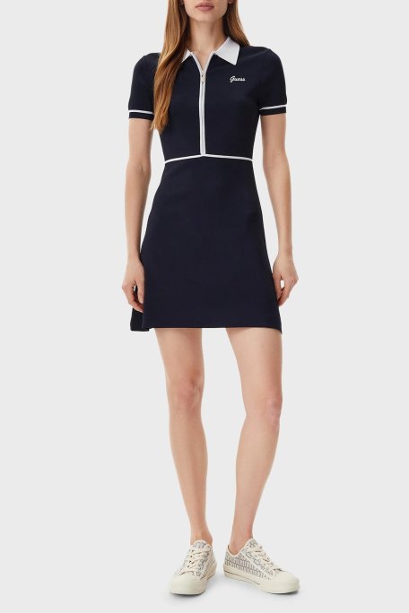 Guess Ss Logolu Şerit Detaylı Regular Fit Polo Yaka Mini Triko V5GK00Z3D60 Bayan Elbise V5GK00 Z3D60 A71W LACİVERT - Guess (1)