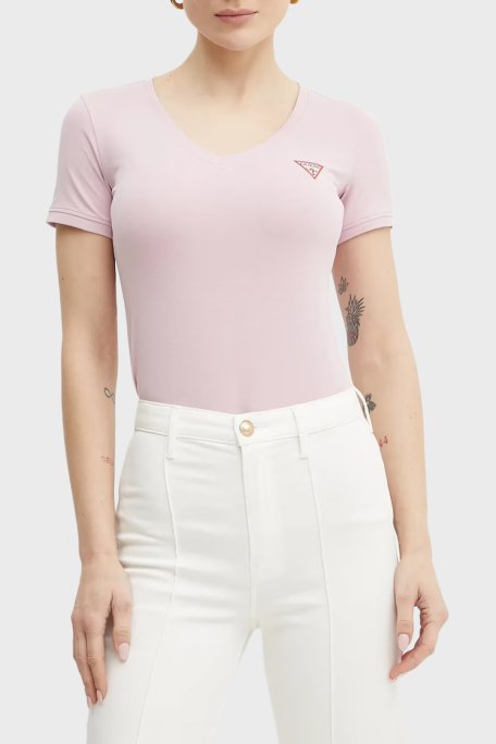 Guess Streç Pamuklu Slim Fit V Yaka Logolu W2YI45J1314 Bayan T Shirt W2YI45 J1314 A627 PEMBE - Guess