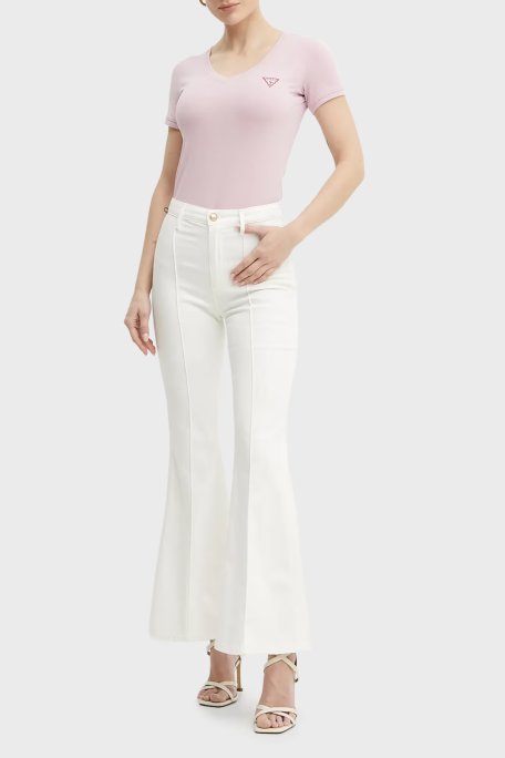 Guess Streç Pamuklu Slim Fit V Yaka Logolu W2YI45J1314 Bayan T Shirt W2YI45 J1314 A627 PEMBE - Guess (1)