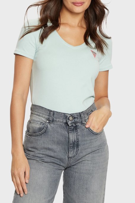 Guess Streç Pamuklu Slim Fit V Yaka Logolu W2YI45J1314 Bayan T Shirt W2YI45 J1314 A72C YEŞİL - Guess