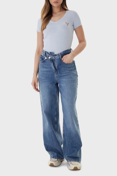 Guess Streç Pamuklu Slim Fit V Yaka Logolu W2YI45J1314 Bayan T Shirt W2YI45 J1314 G7S1 MAVİ - Guess (1)