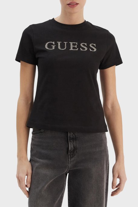 Guess Taşlı Logolu Pamuklu Slim Fit Bisiklet Yaka V6RI20J1314 Bayan T Shirt V6RI20 J1314 JBLK SİYAH - Guess