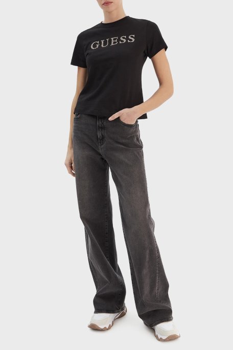 Guess Taşlı Logolu Pamuklu Slim Fit Bisiklet Yaka V6RI20J1314 Bayan T Shirt V6RI20 J1314 JBLK SİYAH - Guess (1)