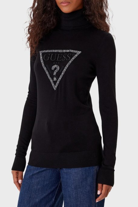 Guess Tn Melanie Taşlı Üçgen Logo Regular Fit Balıkçı Yaka W5BR39Z2NQ2 Bayan Kazak W5BR39 Z2NQ2 JBLK SİYAH - Guess