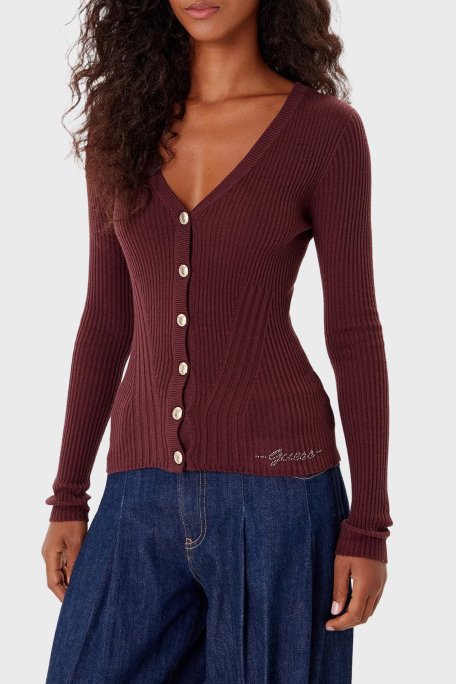 Guess Vn Julia Yün Karışımlı Slim Fit V Yaka Fitilli W5BR16Z3OW2 Bayan Hırka W5BR16 Z3OW2 G1G5 BORDO - Guess