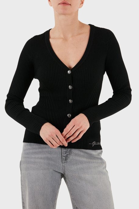 Guess Vn Julia Yün Karışımlı Slim Fit V Yaka Fitilli W5BR16Z3OW2 Bayan Hırka W5BR16 Z3OW2 JBLK SİYAH - Guess