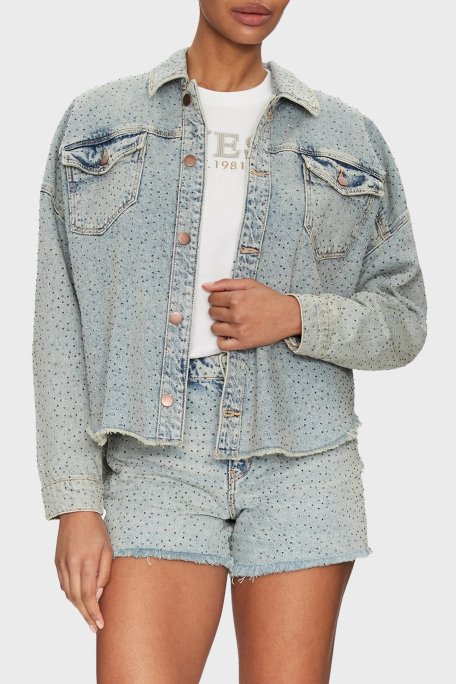 Guess Western % 100 Pamuk Regular Fit Taşlı W5GN90D5LQ2 Bayan Kot Ceket W5GN90 D5LQ2 GRBG AÇIK MAVİ - Guess