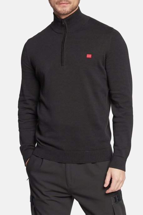 Hugo % 100 Organik Pamuk Fermuarlı Yaka Logolu Regular Fit Erkek Kazak 50474164 001 SİYAH - Hugo