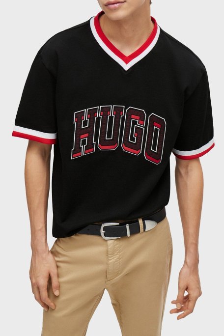 Hugo Logo Baskılı % 100 Pamuk Relaxed Fit V Yaka Erkek T Shirt 50510173 001 SİYAH - Hugo