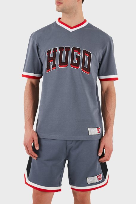 Hugo Logo Baskılı % 100 Pamuk Relaxed Fit V Yaka Erkek T Shirt 50510173 462 MAVİ - Hugo