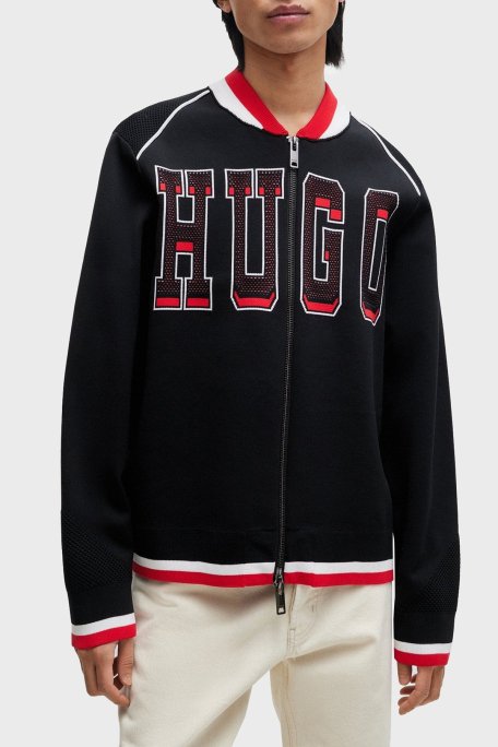 Hugo Logo Baskılı Relaxed Fit Kolej Yaka Erkek Hırka 50510911 001 SİYAH - Hugo