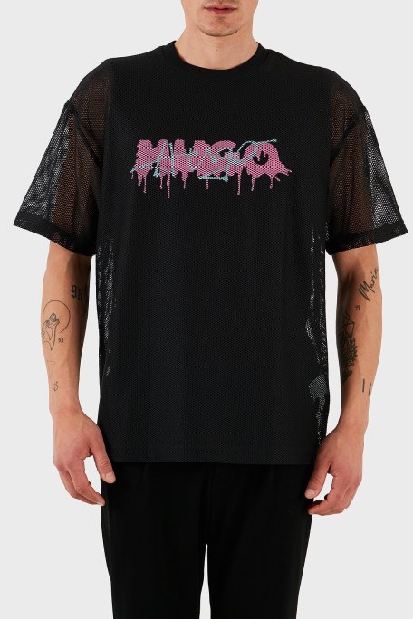 Hugo Logo Efektli Oversize Fit Bisiklet Yaka File Erkek T Shirt 50510000 001 SİYAH - Hugo