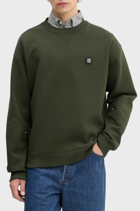 Hugo Streç Pamuklu Relaxed Fit Yırtmaçlı Yuvarlak Yaka Erkek Sweat 50542593 309 KOYU YEŞİL - Hugo