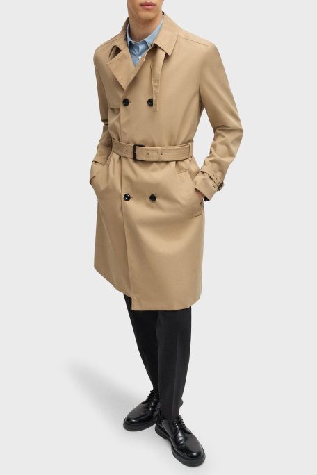 Hugo Su İtici Pamuklu Kemerli Apaş Yaka Yırtmaçlı Erkek Trençkot 50535072 269 BEJ - Hugo (1)