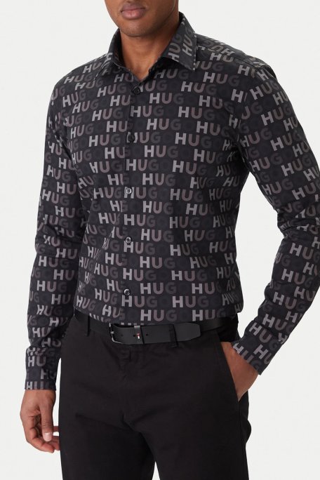 Hugo Tamamı Logolu % 100 Pamuk Uzun Kollu Erkek Gömlek 50555775 001 SİYAH - Hugo