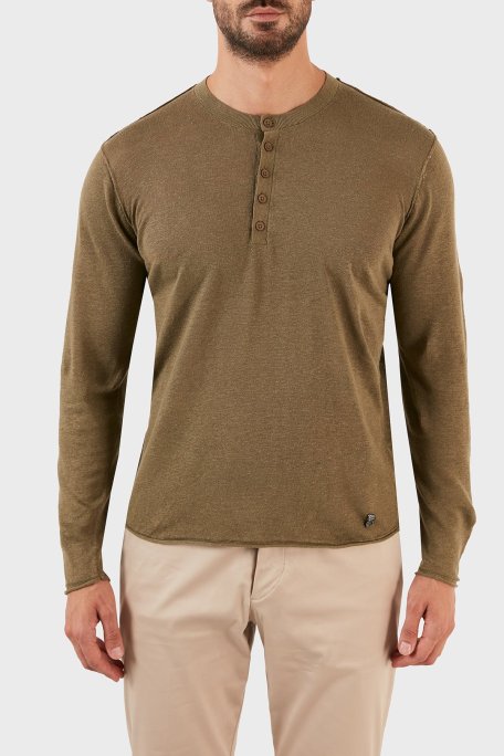 Karl Lagerfeld % 100 Keten Slim Fit Düğmeli Sıfır Yaka Triko Erkek Kazak 655045 0 521305 570 HAKİ - Karl Lagerfeld