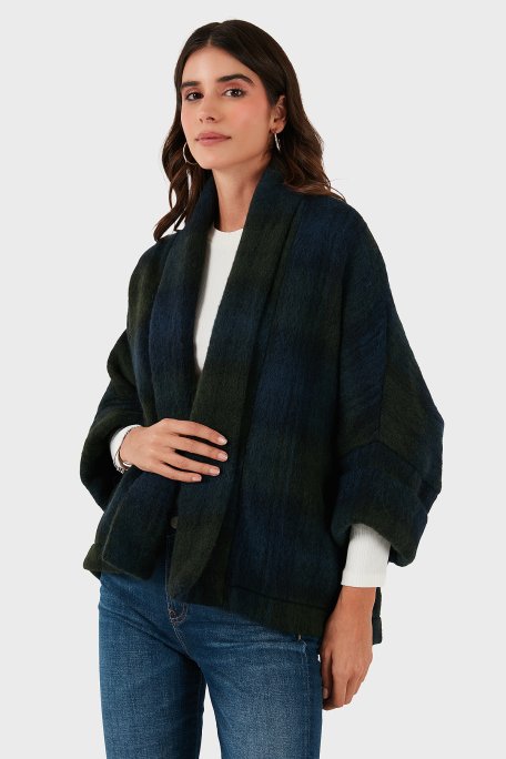 Lazzerini Tiziana Kareli Yün Karışımlı Regular Fit Şal Yaka Bayan Panço 6891201 LACİVERT-YEŞİL - Lazzerini Tiziana