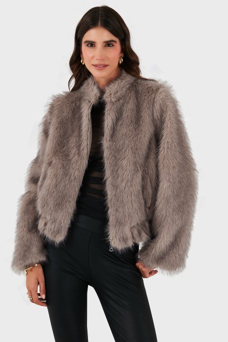 Lazzerini Tiziana Regular Fit Bisiklet Yaka Fermuarlı Kadın Kürk 68912359939 BEJ - Lazzerini Tiziana