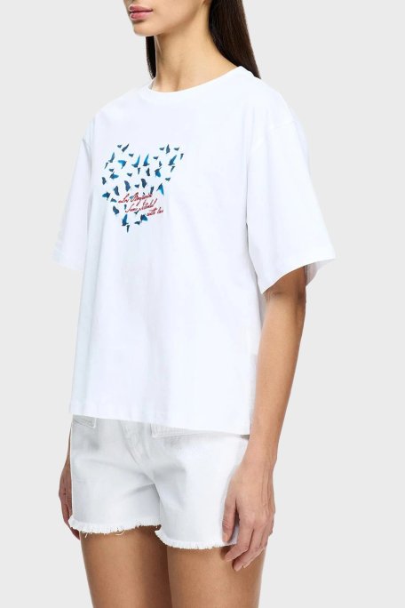 Les Benjamins Baskılı % 100 Pamuk Boxy Fit Bisiklet Yaka Bayan T Shirt LB25SSUNLFUTS-011 BEYAZ - Les Benjamins