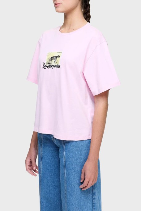 Les Benjamins Baskılı % 100 Pamuk Boxy Fit Bisiklet Yaka Bayan T Shirt LB25SSUNLFUTS-014 PEMBE - Les Benjamins