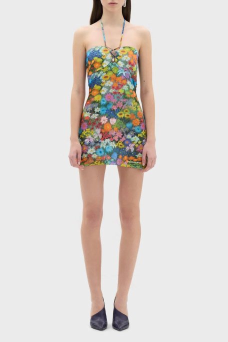 Les Benjamins Çiçek Desenli Boyundan Bağlamalı Mini Bayan Elbise LB23SSHOEFUDR-501 MAVİ-TURUNCU - Les Benjamins