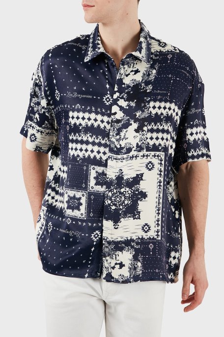 Les Benjamins Desenli Regular Fit Kısa Kollu Erkek Gömlek LB25SSUNLMUSH-008 LACİVERT - Les Benjamins