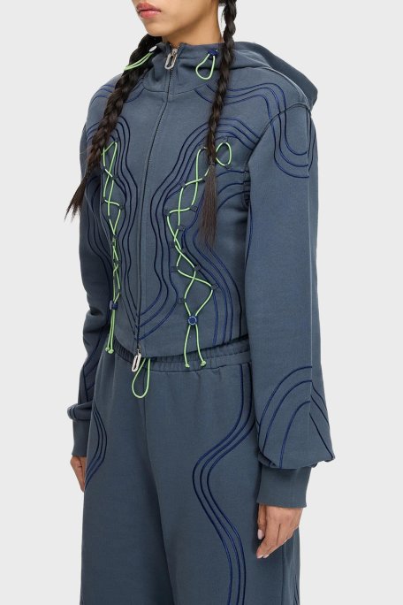 Les Benjamins Dikiş Detaylı Pamuklu Relaxed Fit Kapüşonlu Fermuarlı Bayan Sweat LB25FWTURFUZH-004 MAVİ - Les Benjamins