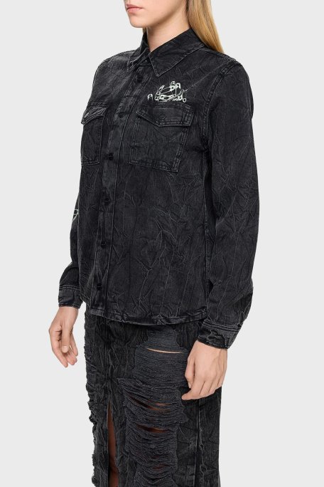 Les Benjamins Pamuklu Regular Fit Cepli Denim Bayan Gömlek LB24FWEAPFUSH-002 ANTRASİT - Les Benjamins