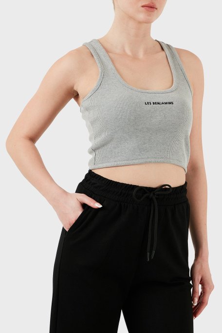 Les Benjamins Pamuklu Slim Fit Kare Yaka Logolu Bayan Top LBNOOSESSFUTN-308 GRİ MELANJ - Les Benjamins