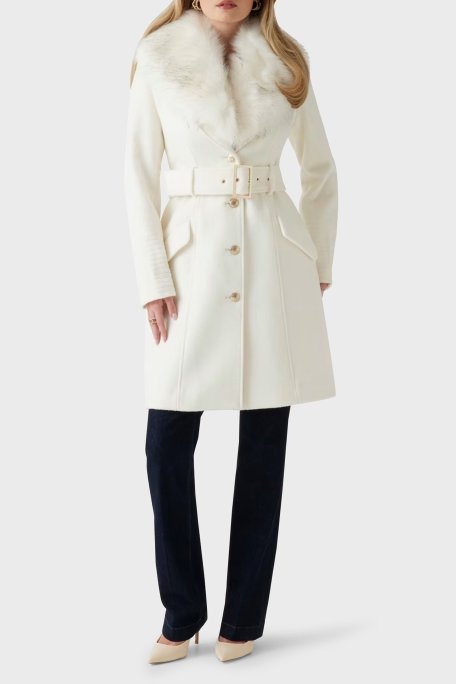 Marciano by Guess Loreta Yün Karışımlı Regular Fit Kemerli Peluş Yaka 4BGL041799Z Bayan Kaban 4BGL04 1799Z F1AB EKRU - Marciano by Guess