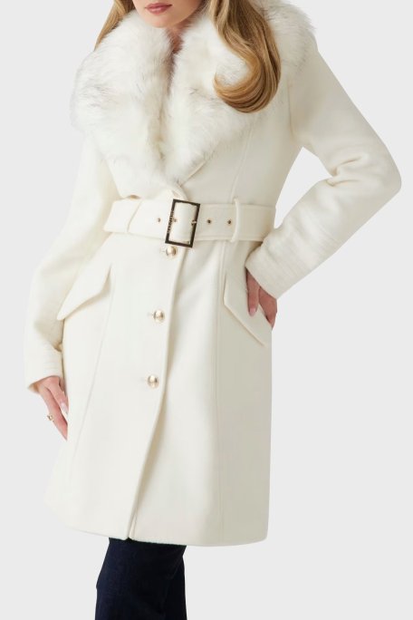 Marciano by Guess Loreta Yün Karışımlı Regular Fit Kemerli Peluş Yaka 4BGL041799Z Bayan Kaban 4BGL04 1799Z F1AB EKRU - Marciano by Guess (1)