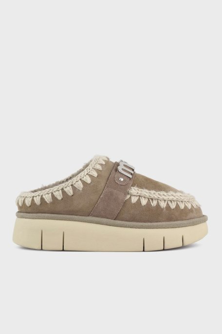 Mou Logolu Hakiki Deri Yumuşak Tüylü Dikiş Detaylı Kalın Tabanlı Eskimo Bayan Terlik MU.FW531001A ELGRY GRİ - Mou