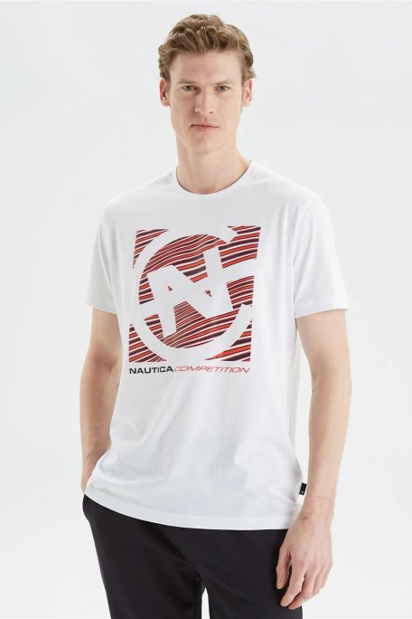 Nautica % 100 Pamuk Logo Baskılı Bisiklet Yaka Standart Fit Erkek T Shirt V35409T 1BW BEYAZ - Nautica