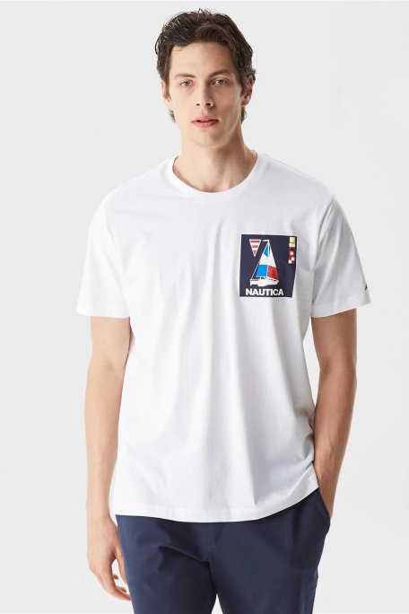 Nautica % 100 Pamuk Logo Baskılı Bisiklet Yaka Standart Fit Erkek T Shirt V35434T 1BW BEYAZ - Nautica