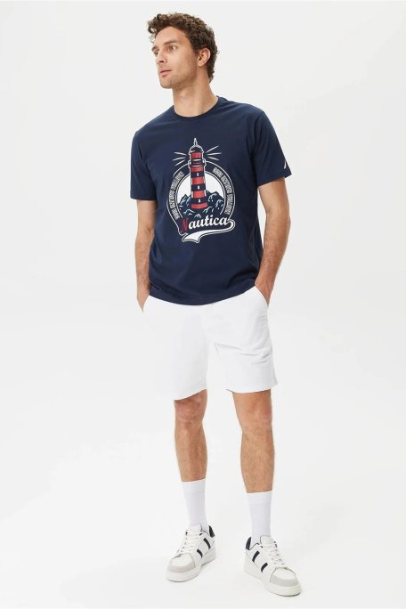 Nautica % 100 Pamuk Logo Baskılı Bisiklet Yaka Standart Fit Erkek T Shirt V35531T 4NV LACİVERT - Nautica (1)