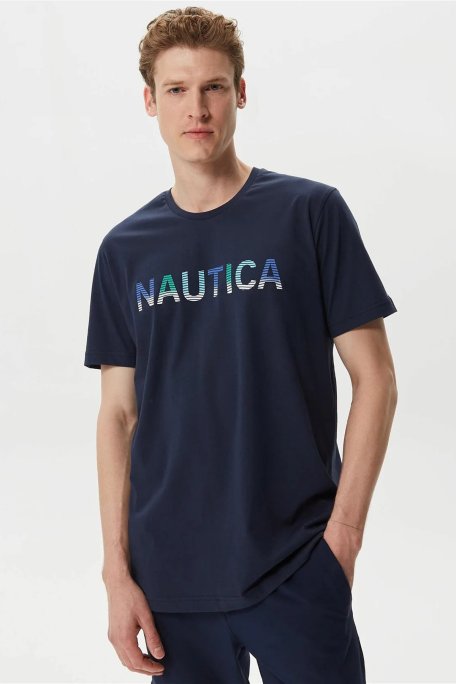 Nautica % 100 Pamuk Marka Baskılı Bisiklet Yaka Standart Fit Erkek T Shirt V35506T 4NV LACİVERT - Nautica