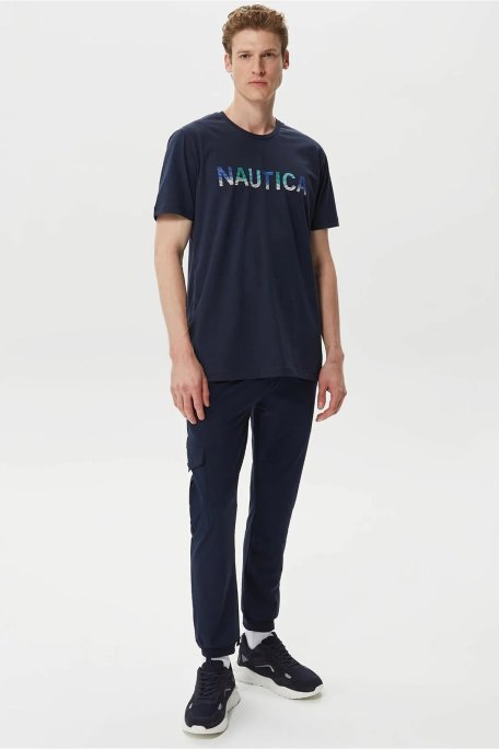 Nautica % 100 Pamuk Marka Baskılı Bisiklet Yaka Standart Fit Erkek T Shirt V35506T 4NV LACİVERT - Nautica (1)