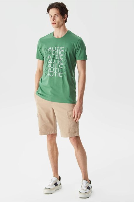Nautica % 100 Pamuk Marka Baskılı Bisiklet Yaka Standart Fit Erkek T Shirt V35528T 3FY YEŞİL - Nautica (1)