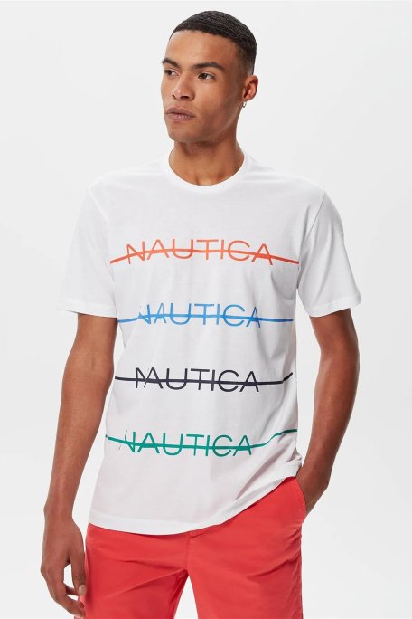 Nautica % 100 Pamuk Marka Baskılı Bisiklet Yaka Standart Fit Erkek T Shirt V35530T 1BW BEYAZ - Nautica