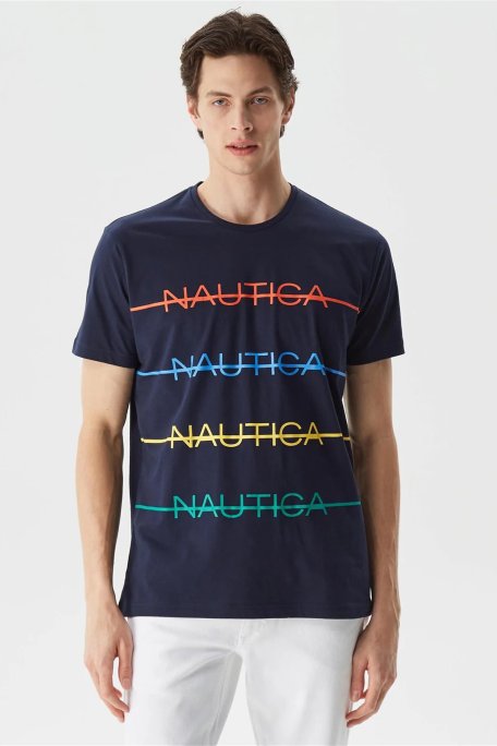 Nautica % 100 Pamuk Marka Baskılı Bisiklet Yaka Standart Fit Erkek T Shirt V35530T 4NV LACİVERT - Nautica