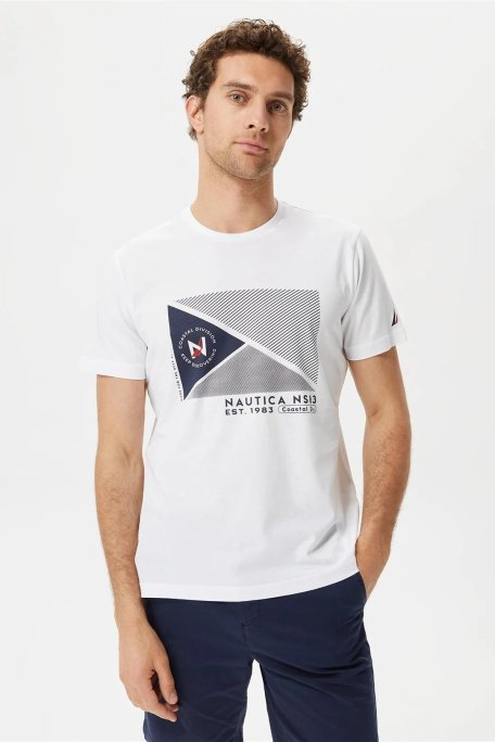 Nautica % 100 Pamuk Marka Baskılı Bisiklet Yaka Standart Fit Erkek T Shirt V35902T 1BW BEYAZ - Nautica