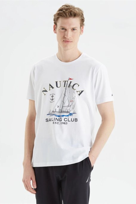 Nautica Baskılı % 100 Pamuk Standart Fit Bisiklet Yaka Erkek T Shirt V35474T 1BW BEYAZ - Nautica