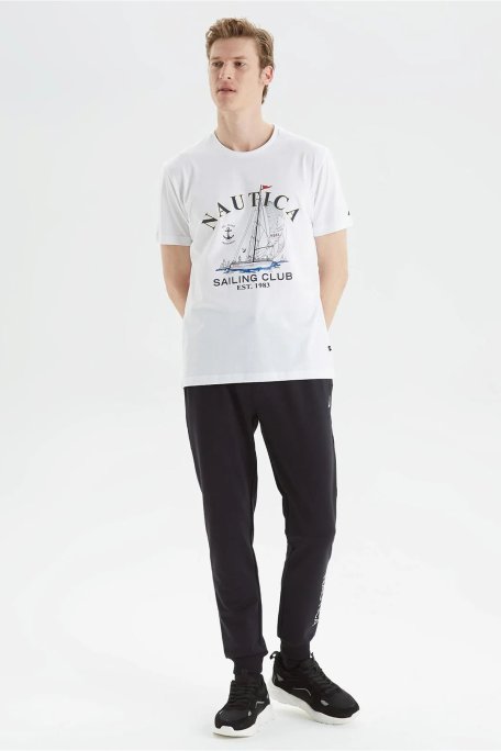 Nautica Baskılı % 100 Pamuk Standart Fit Bisiklet Yaka Erkek T Shirt V35474T 1BW BEYAZ - Nautica (1)