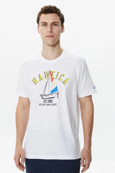 Nautica Baskılı % 100 Pamuklu Regular Fit Bisiklet Yaka Erkek T Shirt V35516T 1BW BEYAZ - Nautica