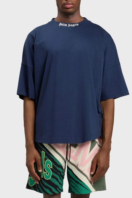 Palm Angels % 100 Pamuk Oversize Fit Logo Baskılı Bisiklet Yaka Erkek T Shirt PMAA10BS26JER001 LACİVERT - Palm Angels